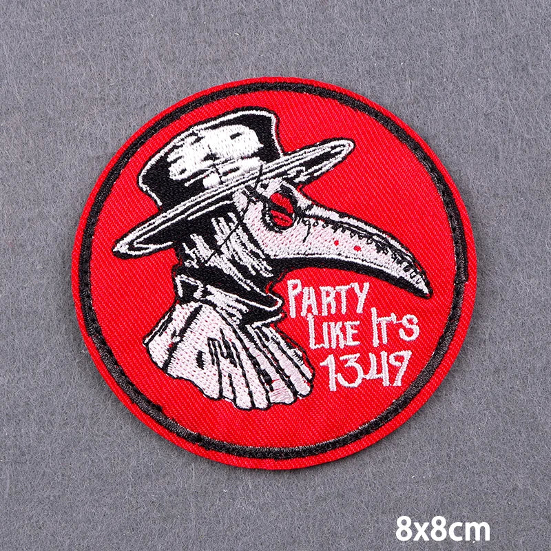Red embroidery patch featuring a stylized skull and crossbones design with the text Party Like It's 1349