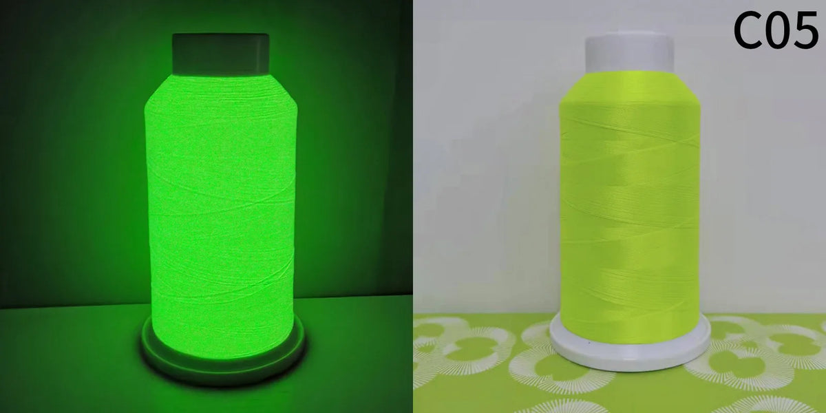 A roll of glow in the dark embroidery thread in lime green displayed on a white background.