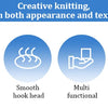 Icon set showing features of a creative knitting kit including beautiful and practical results, smooth hook head, multi funct