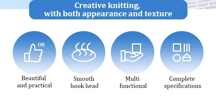Icon set showing features of a creative knitting kit including beautiful and practical results, smooth hook head, multi funct