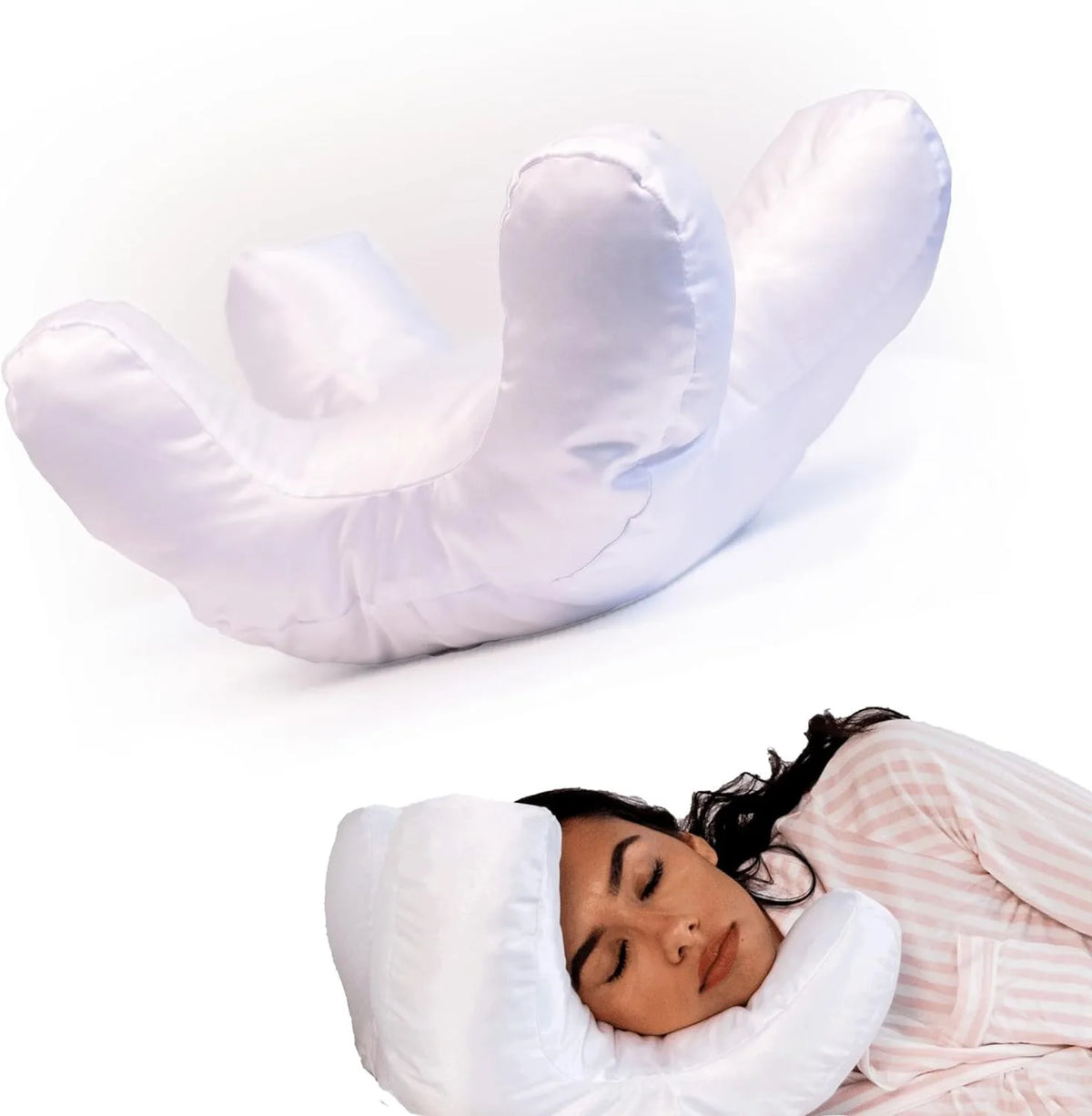 A white satin anti-wrinkle pillow is shown being used by a woman sleeping.