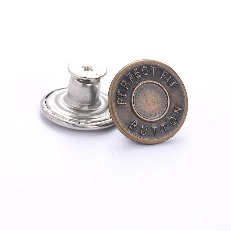 A round brass button with the words PERFECT FIT BUTTON stamped on it, shown next to its metal finding.