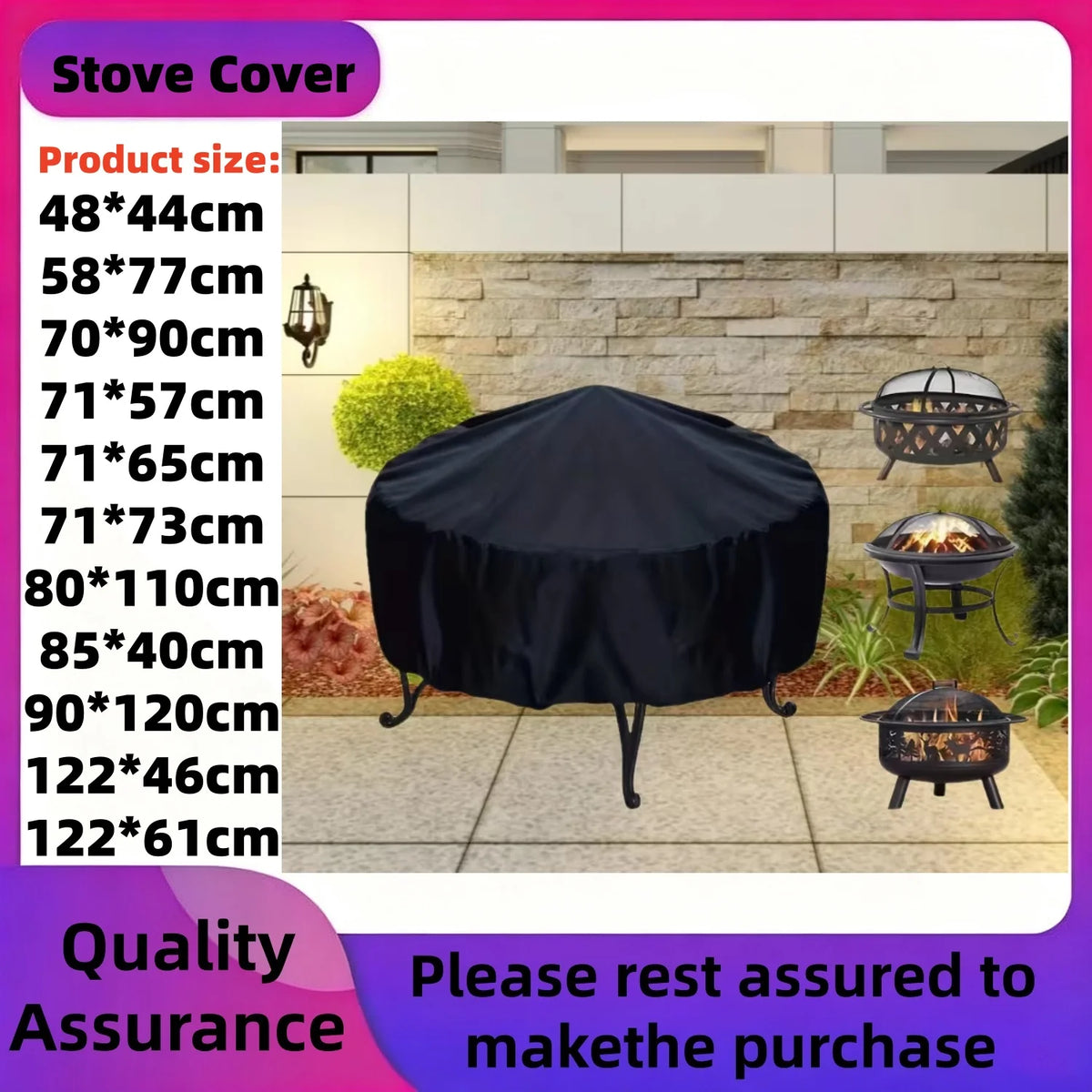 Black round cover for a fire pit or brazier stove displayed outdoors on a patio.
