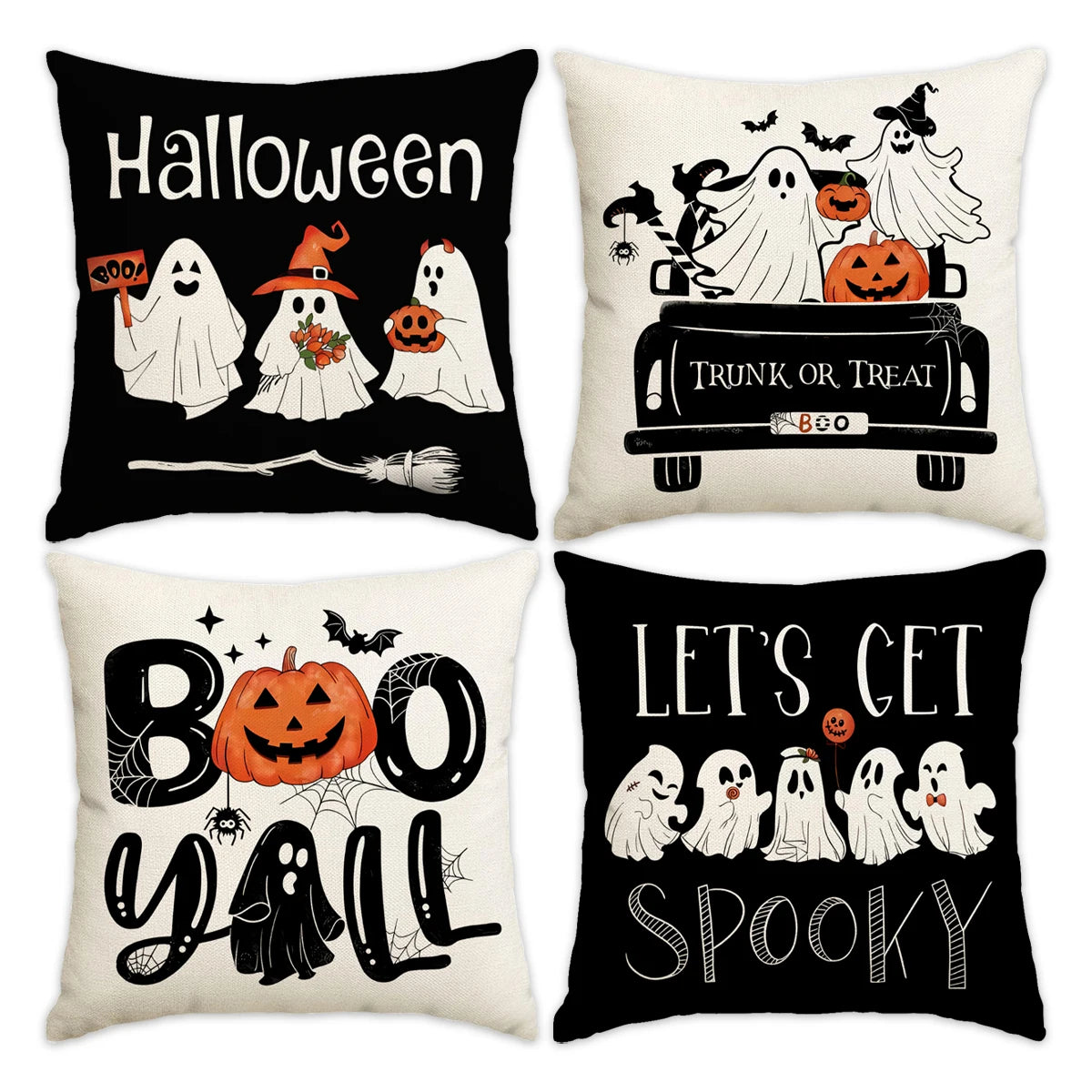 A set of four black and white Halloween themed pillow covers featuring spooky text and ghost designs