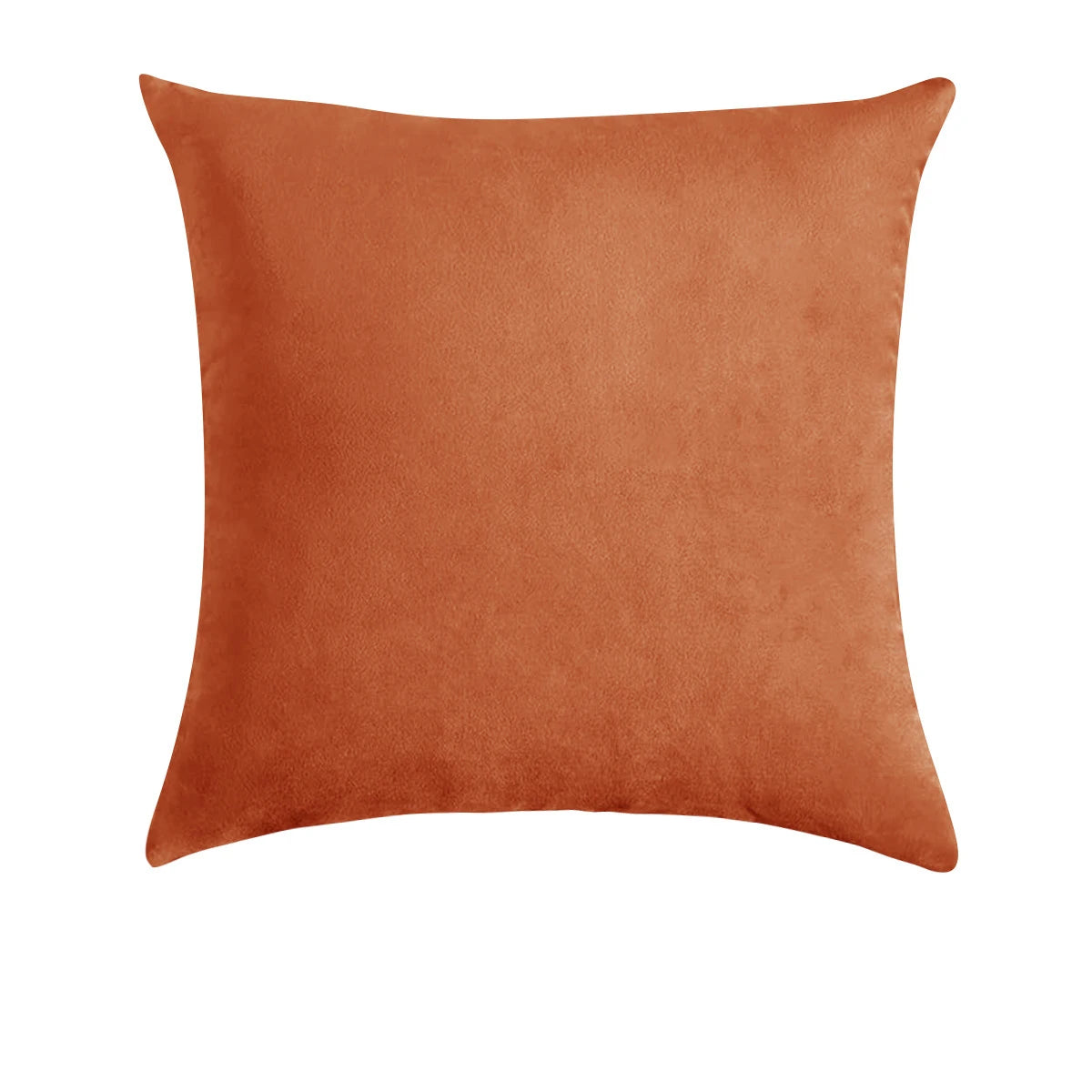 A square, rust-colored velvet decorative pillow cover.
