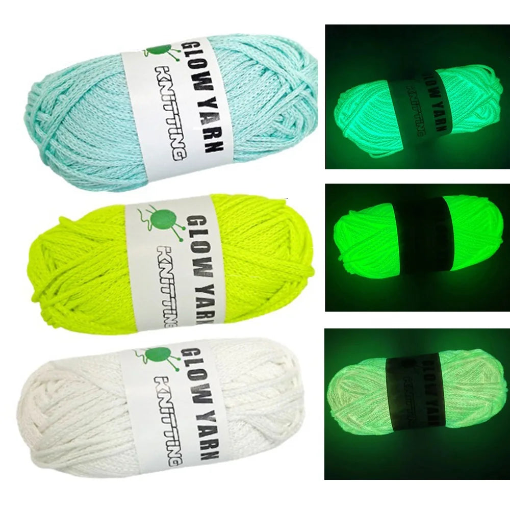 Three spools of glow-in-the-dark yarn in light blue, neon yellow, and white for knitting and crochet