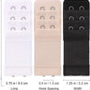 Three adjustable bra extender straps in white, beige, and black showing their length and hook spacing.