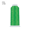 A spool of bright green high tenacity machine embroidery thread labeled COL: 1749