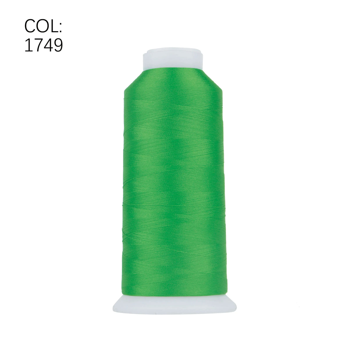 A spool of bright green high tenacity machine embroidery thread labeled COL: 1749