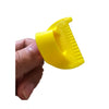 A hand holds a yellow plastic sewing guide tool with 3mm spacing for DIY crafting.