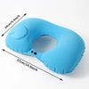 Light blue inflatable neck pillow with measurement lines showing its size.