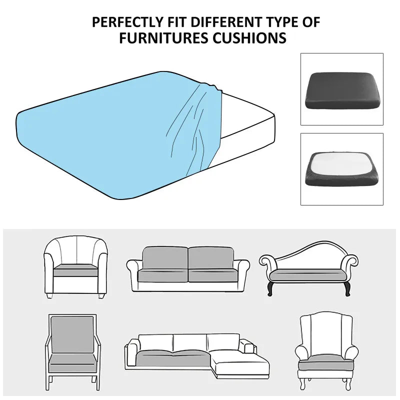 A set of different type furniture cushions including a blue rectangular cushion and various seat covers for sofas and chairs.