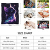 A size chart showing dimensions for a cozy knit throw blanket, including sizes like 40in x 50in (kids), 50in x 60in (standard