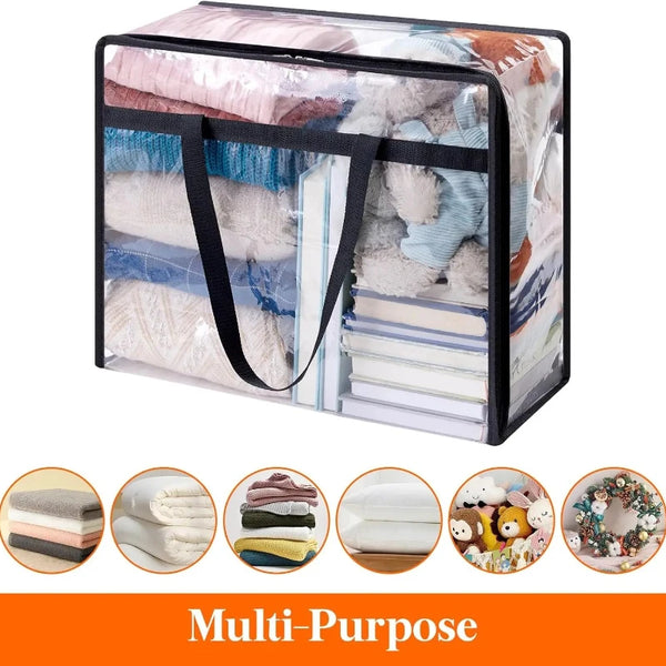 Clear plastic storage bag filled with various rolled textiles and fabric items.