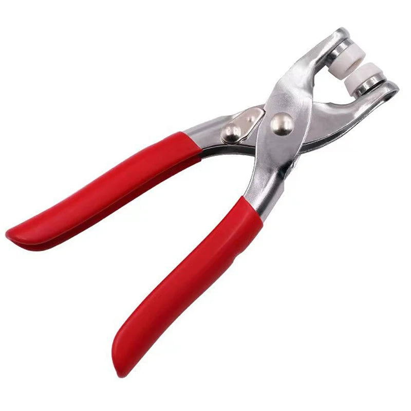 A pair of silver pliers with red handles used for fastener installation.
