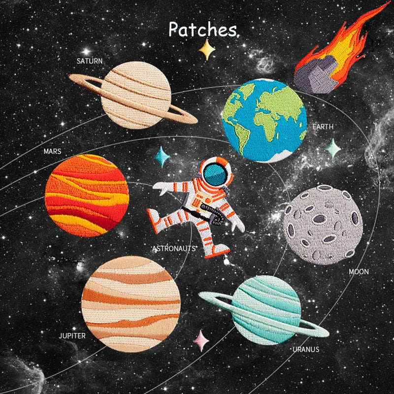 An embroidery patch design featuring planets like Saturn, Mars, Earth, Jupiter, and Uranus, along with an astronaut figure.