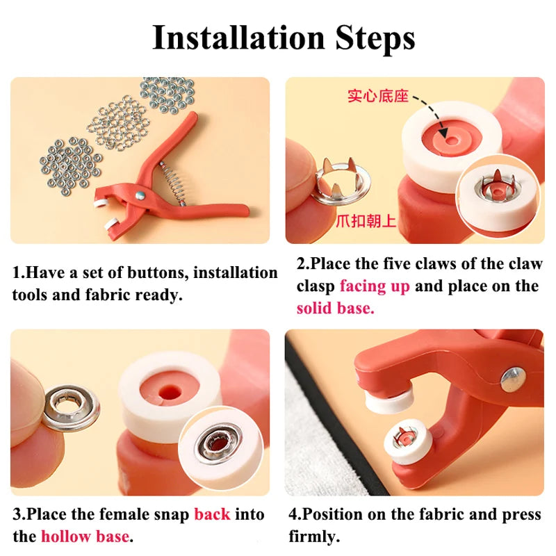 Installation steps showing how to attach a female snap back into a hollow base for DIY sewing