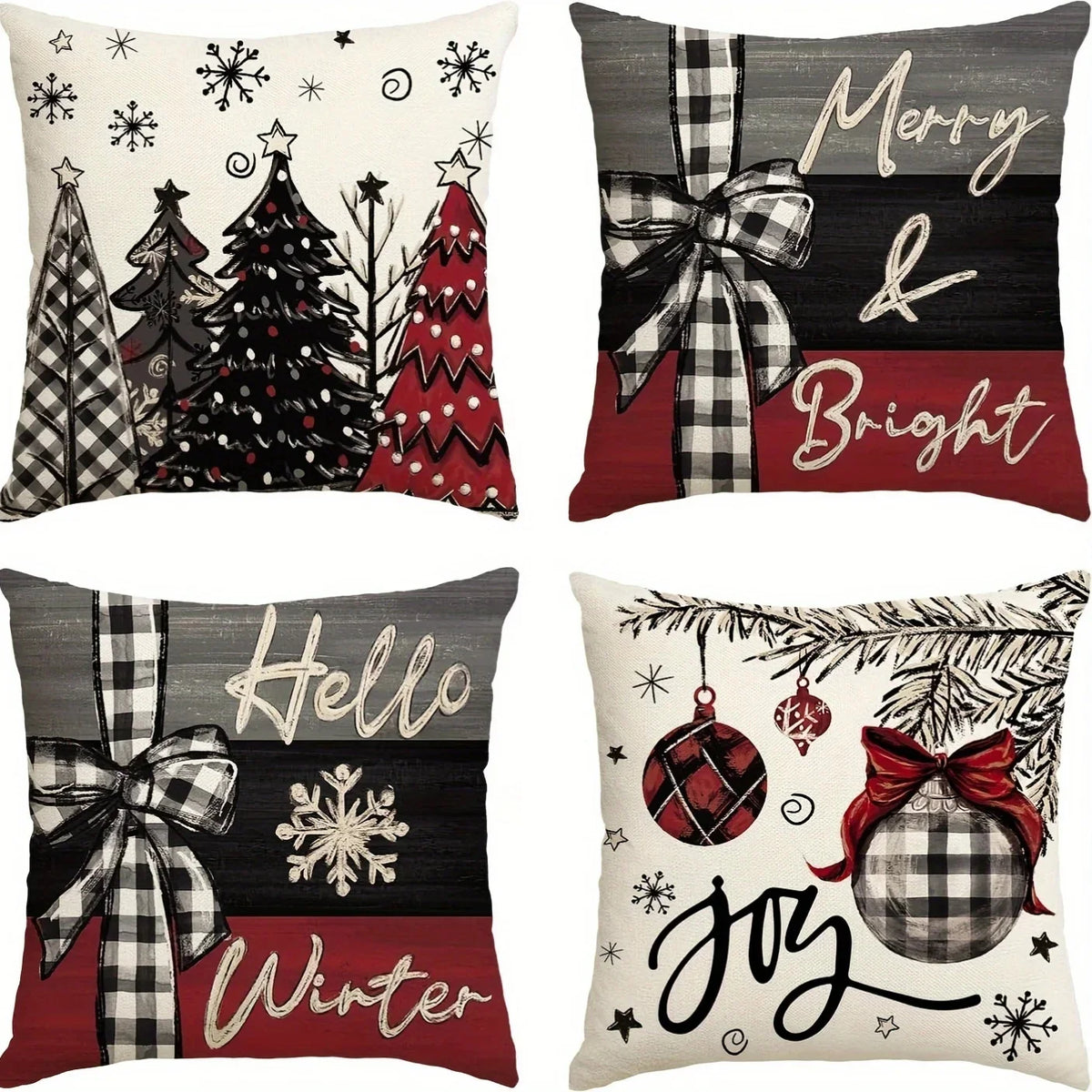 Four decorative pillow covers featuring winter and holiday themes with plaid patterns and festive designs