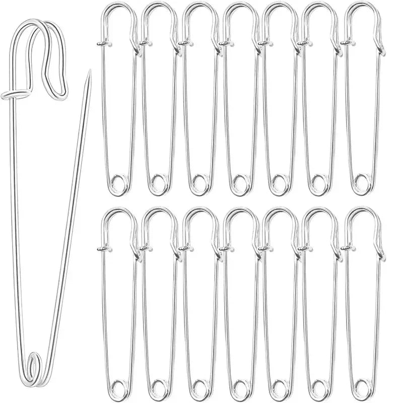 A set of heavy duty stainless steel safety pins shown in various configurations.