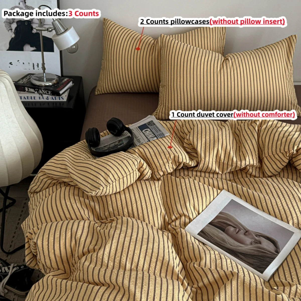 A set of striped bedding includes three counts of pillowcases, a duvet cover, and a comforter.