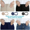 Three colors of metal pant waist button extenders shown with various pants.