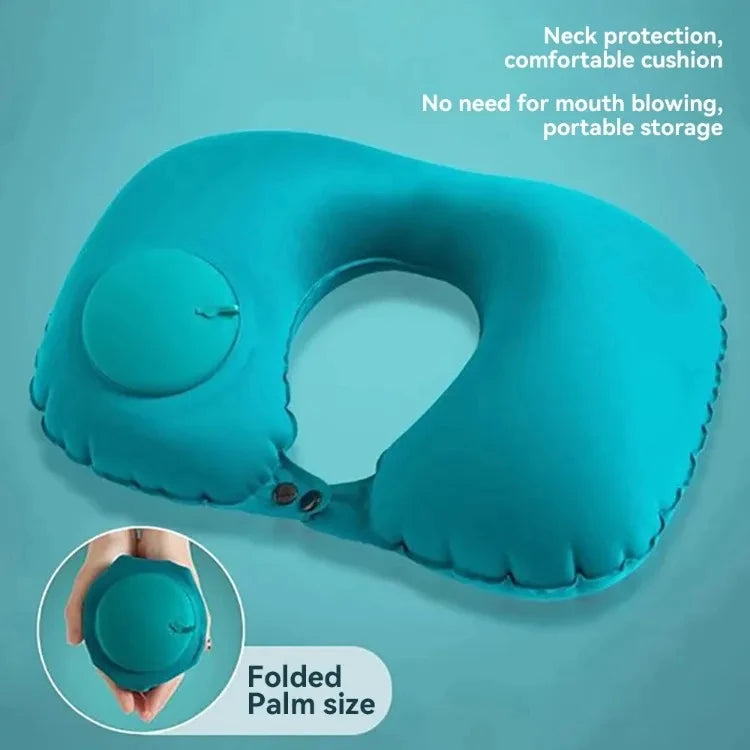 A teal inflatable U-shaped travel pillow shown in a relaxed shape and folded palm size.