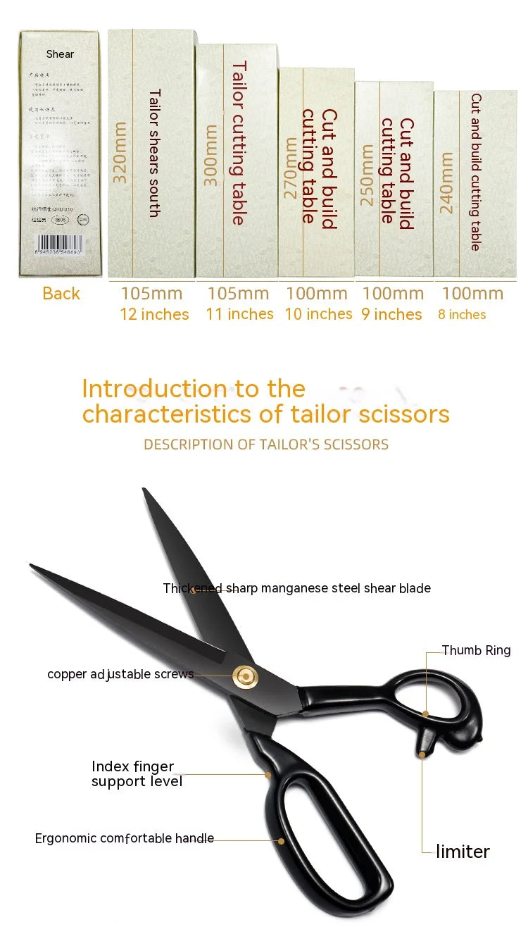 A pair of black tailor scissors with a thumb ring, index finger support level, and limiter.