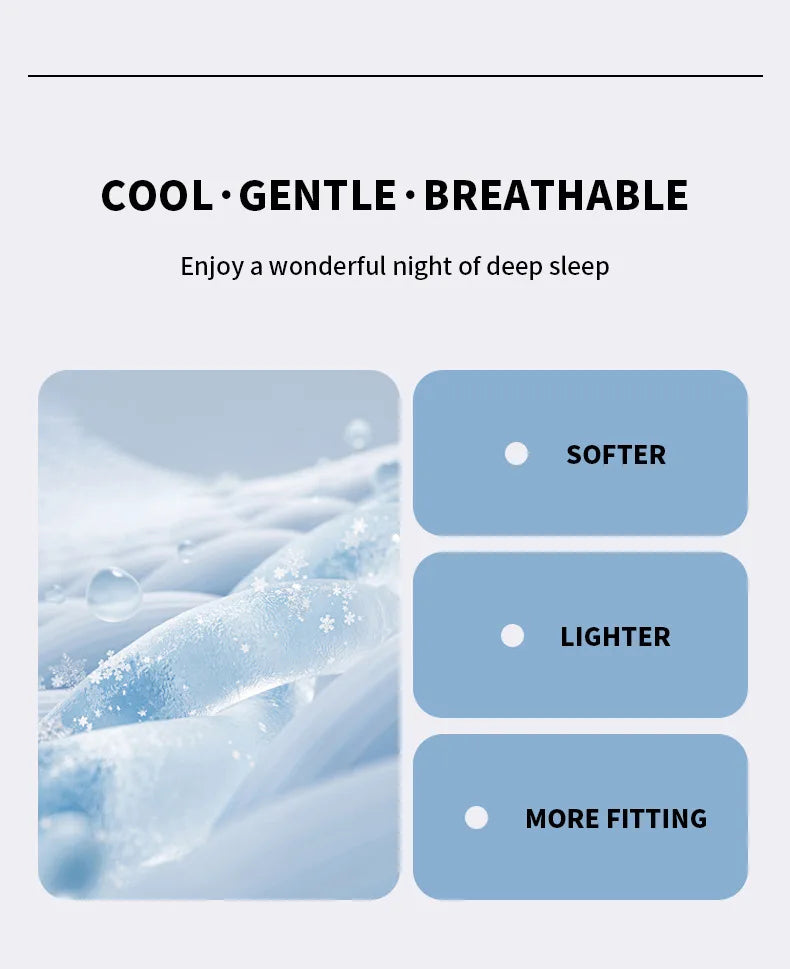A close-up of a light blue quilt texture with soft, fluffy fibers and small ice crystals.