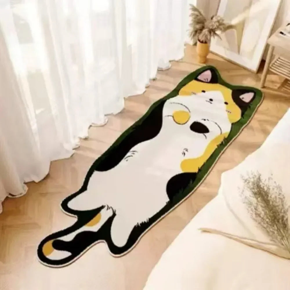 A cartoon cat rug with black and white fur and yellow accents placed on a light wooden floor.