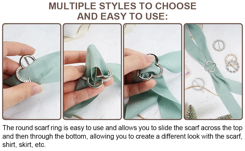 Multiple styles of elegant metal ring clips used to secure scarves and accessories on clothing