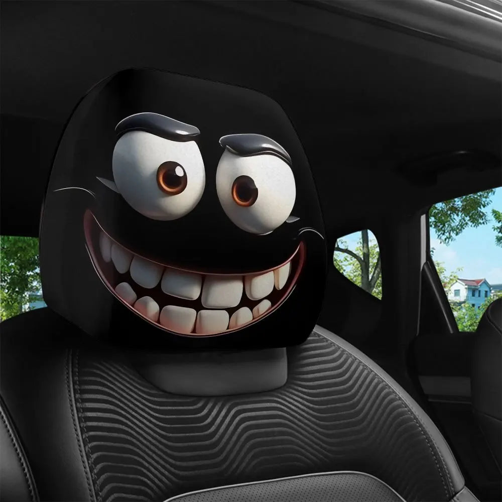 A black decorative smiley face car pillow cover is shown on a car seat.
