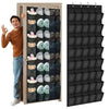 A wooden over-the-door shoe organizer with multiple hanging pockets for shoes.
