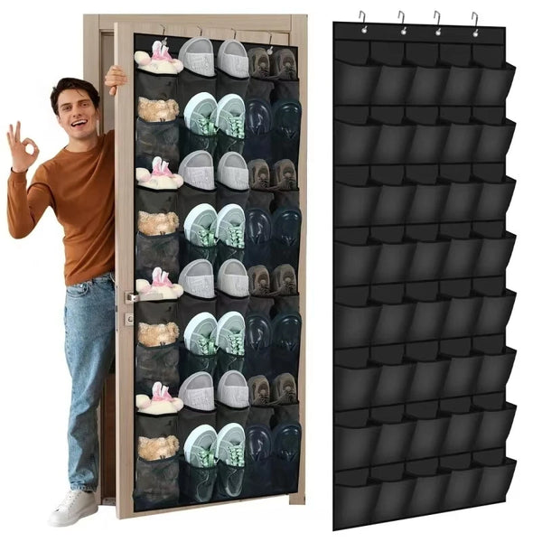 A wooden over-the-door shoe organizer with multiple hanging pockets for shoes.