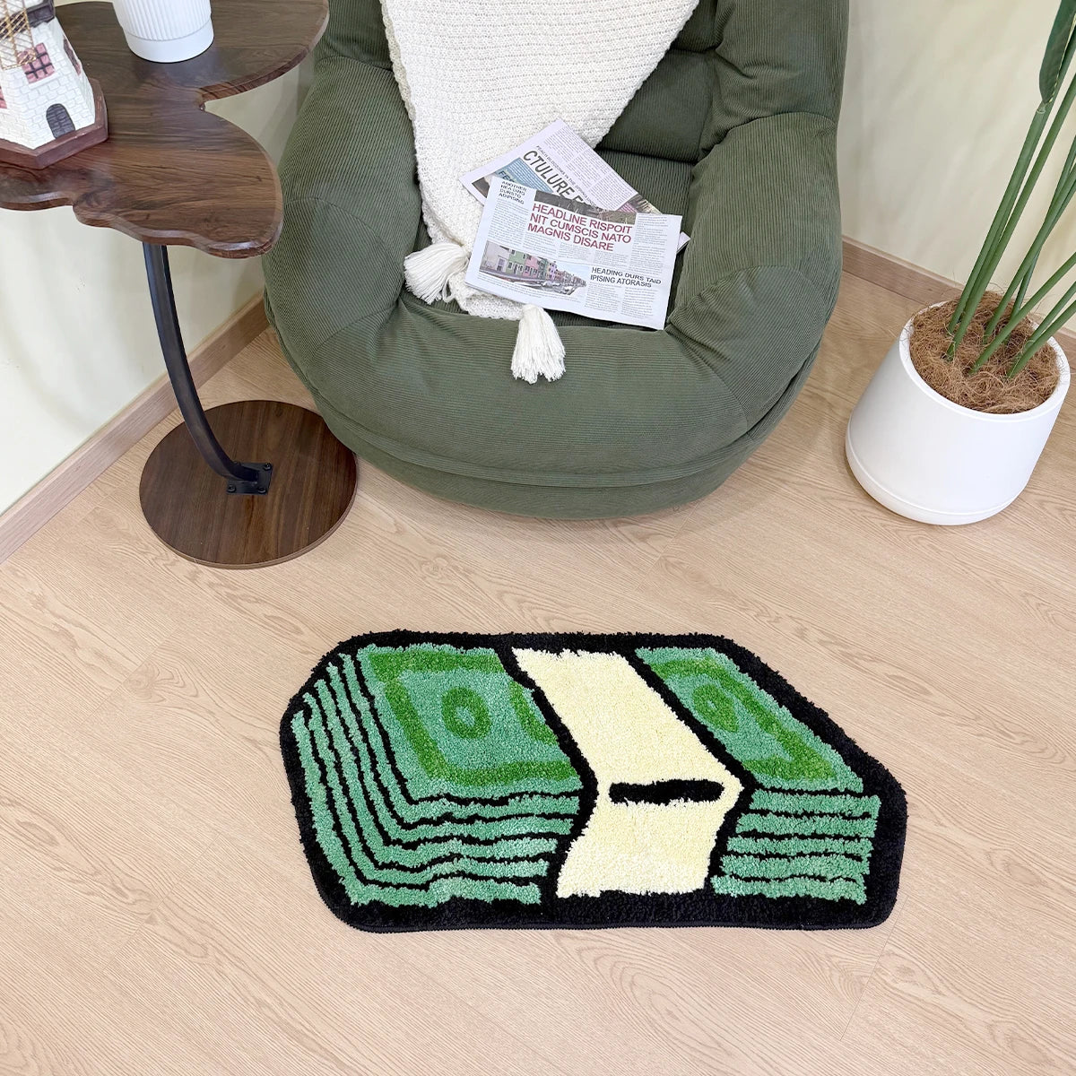 A green tufted bathroom rug with a design resembling stacked dollar bills.