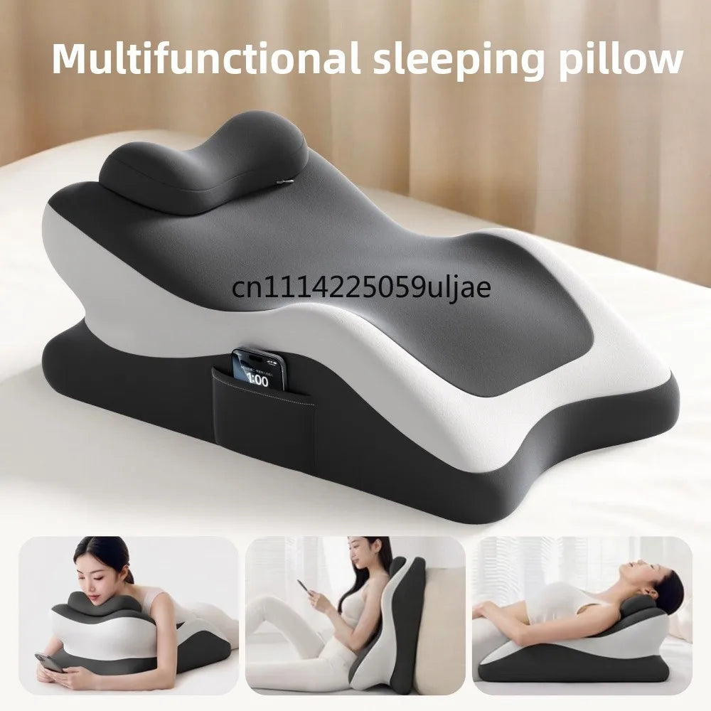 A multifunctional sleeping pillow in black and white rests on a bed, shown from multiple angles.