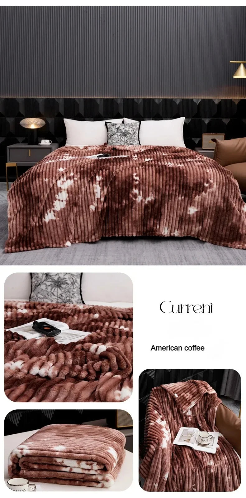 A brown tie-dye flannel fleece throw blanket draped over a bed.