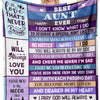 A purple and blue throw blanket featuring text about love and family