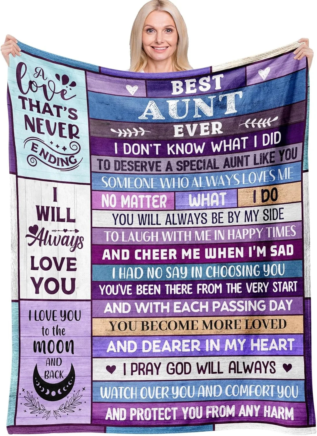 A purple and blue throw blanket featuring text about love and family