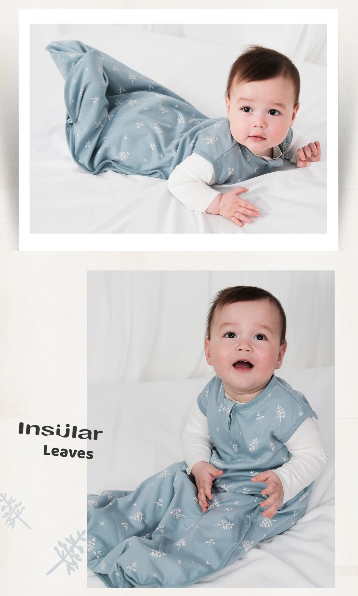 A baby wearing a light blue patterned cotton sleep sack lying on white bedding.