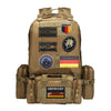 A tan backpack featuring multiple German national emblems and patches.