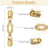 A gold-colored garment clinching clip shown with dimensions and various design features for protecting clothing and fingers.