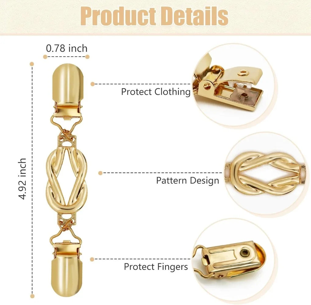 A gold-colored garment clinching clip shown with dimensions and various design features for protecting clothing and fingers.