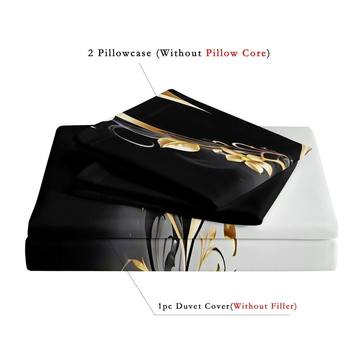 A set of two pillowcases without core and one duvet cover without filler featuring a romantic floral design with gold scroll 