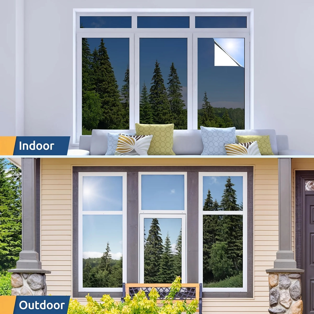 A view showing an indoor window and an outdoor window with privacy film applied, set in a modern building.