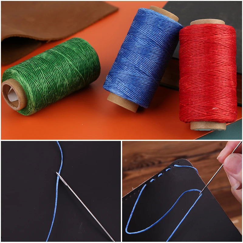 Rolls of waxed thread in green, blue, and red next to a sewing needle drawing lines on black fabric.