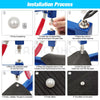 Installation process showing steps for setting a pearl bead using a handheld machine and rivets.