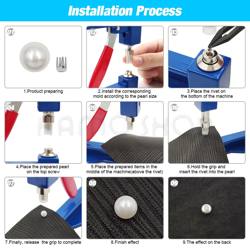 Installation process showing steps for setting a pearl bead using a handheld machine and rivets.