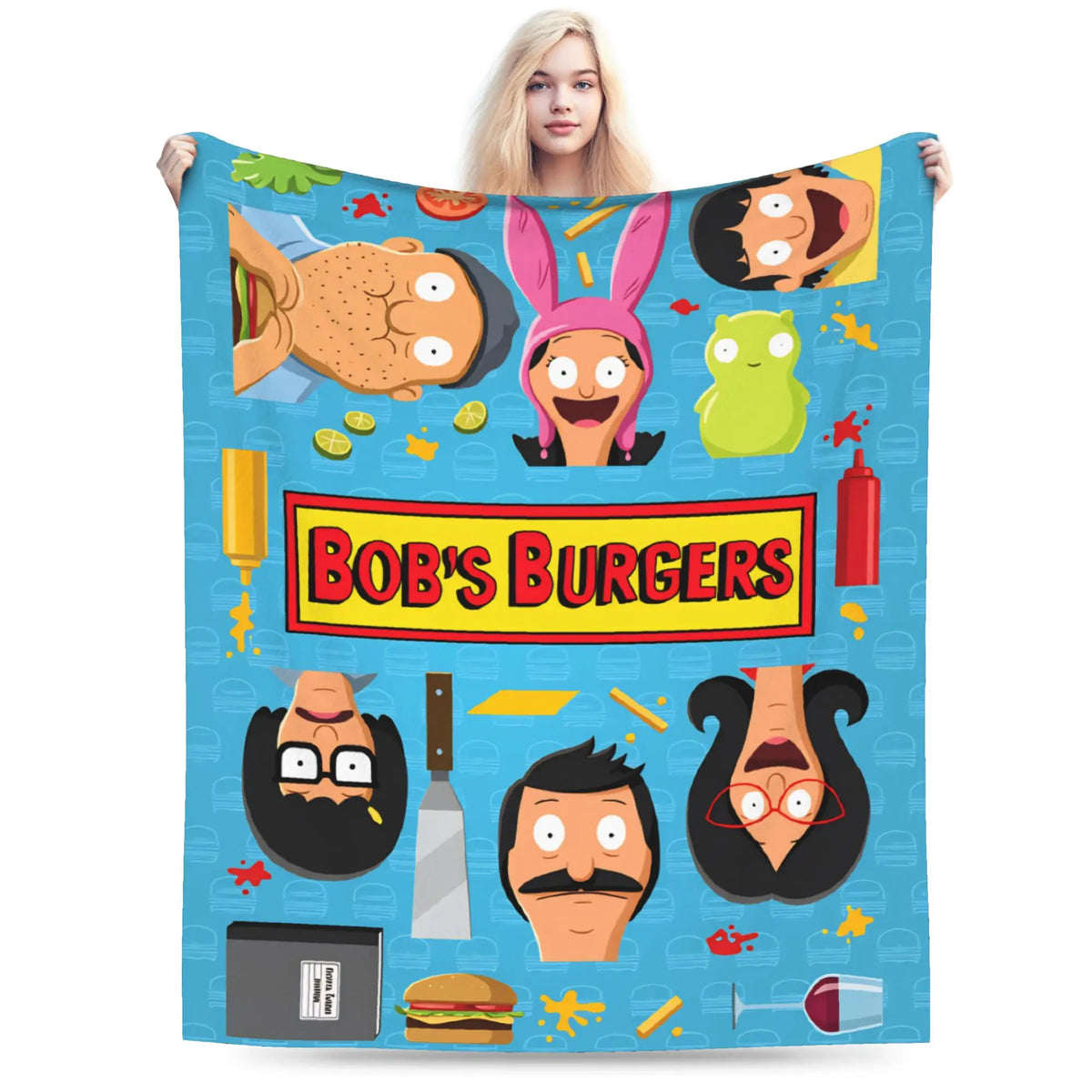 A blue throw blanket featuring characters from Bob's Burgers, including Tina Belcher and Louise Belcher.