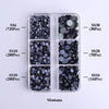 A clear plastic tray holds various sizes of black glass rhinestones categorized by SS6, SS10, SS16, SS20, and SS30.