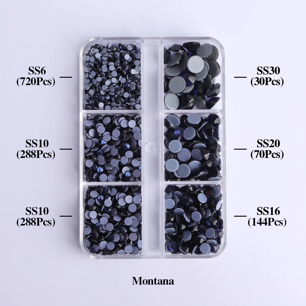 A clear plastic tray holds various sizes of black glass rhinestones categorized by SS6, SS10, SS16, SS20, and SS30.